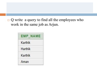  Q write a query to find all the employees who
work in the same job as Arjun.
 