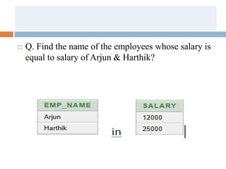  Q. Find the name of the employees whose salary is
equal to salary of Arjun & Harthik?
 