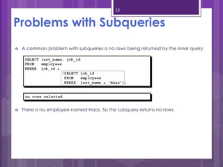 12
Problems with Subqueries
 A common problem with subqueries is no rows being returned by the inner query.
 There is no employee named Haas. So the subquery returns no rows.
 