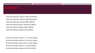 Exercises
insert into Customers values (1,'Steen','Andersen');
insert into Customers values(2,'Helle','Rasmusen');
insert into Customers values(3,'Mette','Nilsen');
insert into Products values(1,'Samsung', 5000.0);
insert into Products values(2,'Apple', 4500.0);
insert into Products values(3,'Asus', 5500.0);
◼ insert into Orders values (1,1,1,3,current_date());
◼ insert into Orders values (2,1,2,5,current_date());
◼ insert into Orders values (3,2,2,1,current_date());
◼ insert into Orders values (4,1,3,2,'2015-02-02');
◼ insert into Orders values (5,2,2,6,'2016-03-02');
 