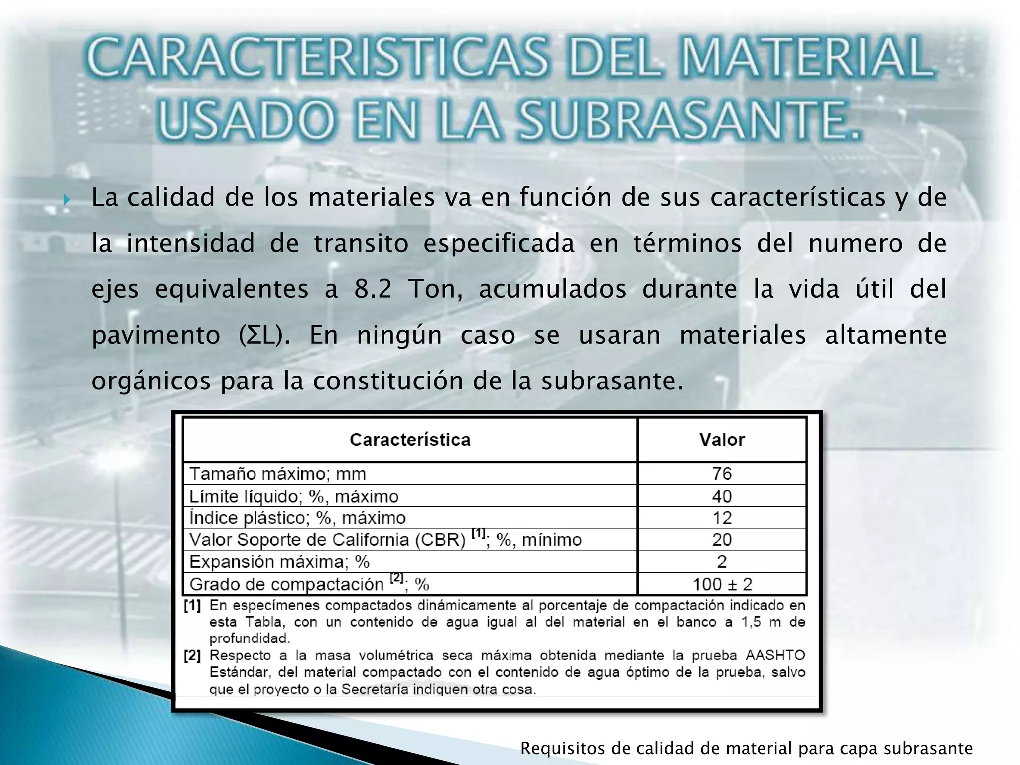 CARACTERISTICAS DEL MATERIAL USADO EN LA SUBRASANTE.La calidad de los materiales va en función de sus características y de la intensidad de transito especificada en términos del numero de ejes equivalentes a 8.2 Ton, acumulados durante la vida útil del pavimento (ΣL). En ningún caso se usaran materiales altamente orgánicos para la constitución de la subrasante.Requisitos de calidad de material para capa subrasante
