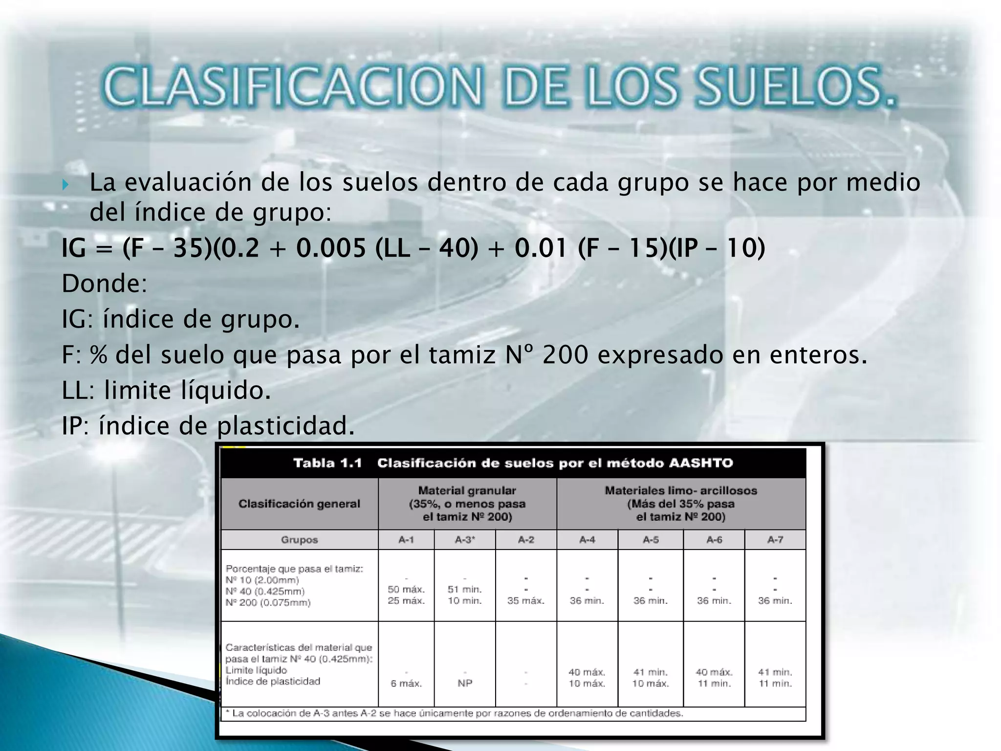 Suelos finos: son suelos limo-arcillosos que contienen más del 35% que pasa por el tamiz Nº 200.CLASIFICACION DE LOS SUELOS.La evaluación de los suelos dentro de cada grupo se hace por medio del índice de grupo:IG = (F – 35)(0.2 + 0.005 (LL – 40) + 0.01 (F – 15)(IP – 10)Donde:IG: índice de grupo.F: % del suelo que pasa por el tamiz Nº 200 expresado en enteros.LL: limite líquido.IP: índice de plasticidad.