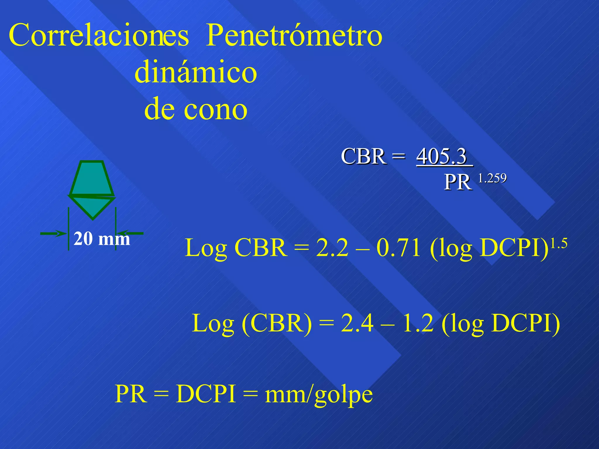 Correlaciones  Penetrómetro dinámico  de cono  CBR =  405.3    PR  1.259 Log CBR = 2.2 – 0.71 (log DCPI) 1.5 Log (CBR) = 2.4 – 1.2 (log DCPI) PR = DCPI = mm/golpe 20 mm 