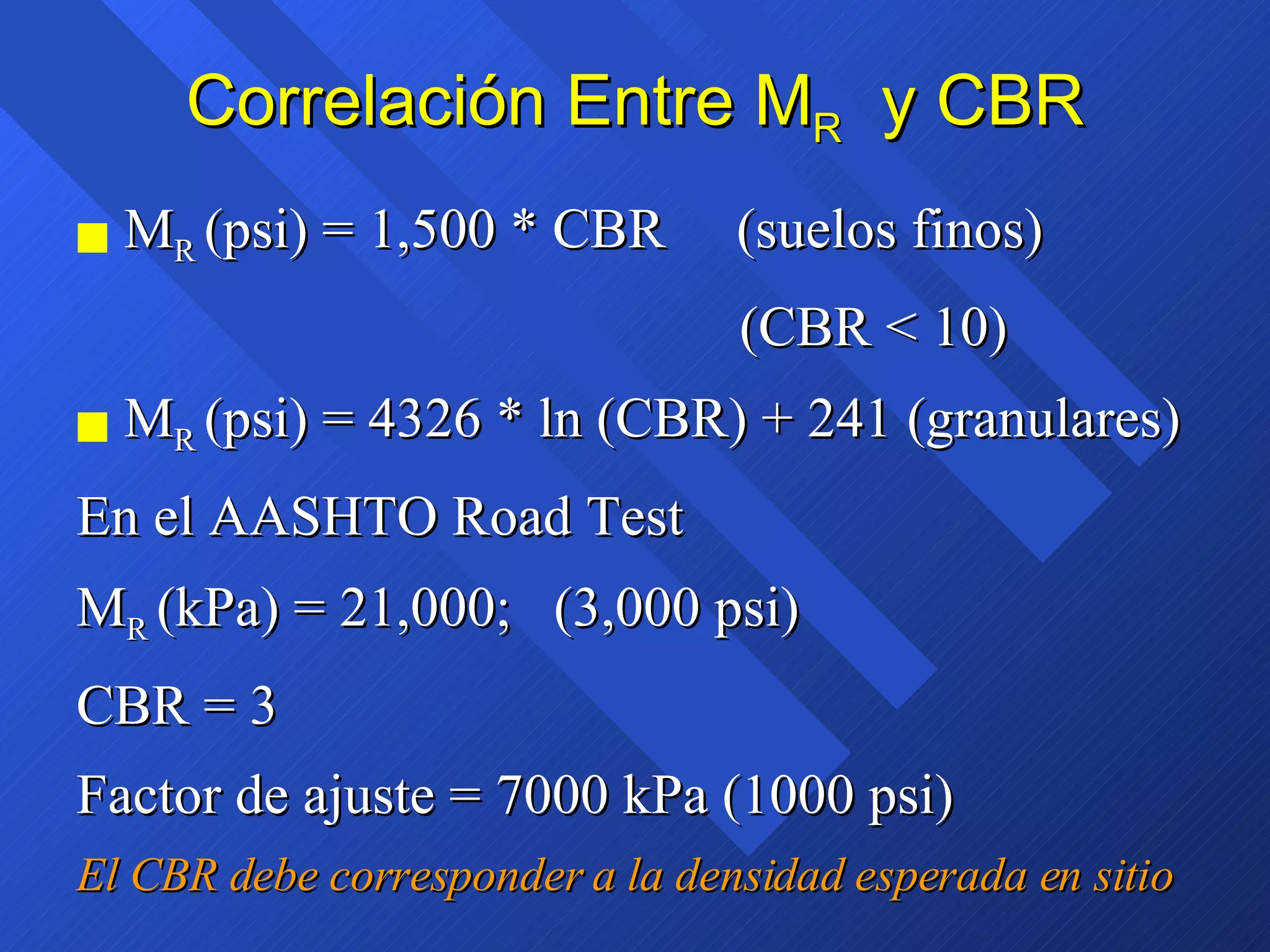 Correlación Entre M R   y CBR M R  (psi) = 1,500 * CBR  (suelos finos)   (CBR < 10) M R  (psi) = 4326 * ln (CBR) + 241 (granulares) En el AASHTO Road Test M R  (kPa) = 21,000;  (3,000 psi) CBR = 3 Factor de ajuste = 7000 kPa (1000 psi) El CBR debe corresponder a la densidad esperada en sitio 