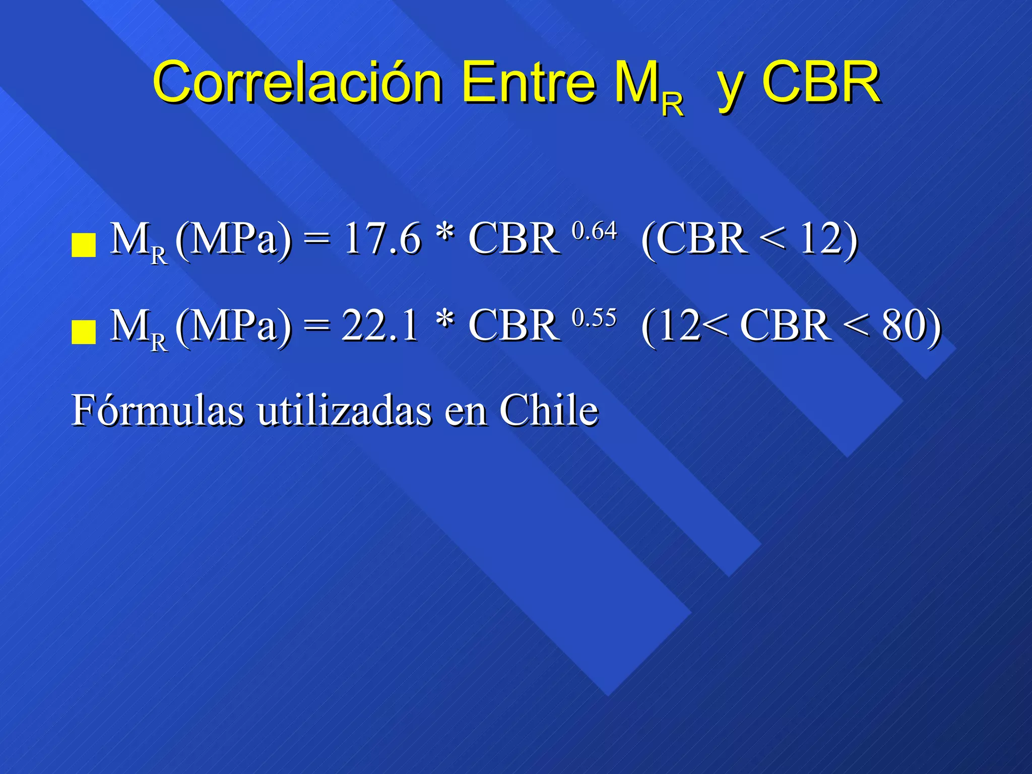 Correlación Entre M R   y CBR M R  (MPa) = 17.6 * CBR  0.64   (CBR < 12) M R  (MPa) = 22.1 * CBR  0.55   (12< CBR < 80) Fórmulas utilizadas en Chile 