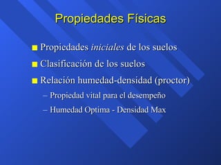 Propiedades Físicas <ul><li>Propiedades  iniciales  de los suelos </li></ul><ul><li>Clasificación de los suelos </li></ul>...