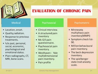 EVALUATION OF CHRONIC PAIN
5/1/2017 21Chronic Pain Management
 