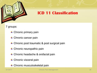 ICD 11 Classification
7 groups:
Chronic primary pain
Chronic cancer pain
Chronic post traumatic & post surgical pain
Chronic neuropathic pain
Chronic headache & orofacial pain
Chronic visceral pain
Chronic musculoskeletal pain
5/1/2017 26Chronic Pain Management
 