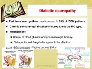 Diabetic neuropathy
Peripheral neuropathies may b present in 65% of IDDM patients.
Chronic sensorimotor distal polyneuropathy is the MC type.
Management:
Control of blood glucose and pharmacologic therapy.
Gabapentin and Pregabalin appear to be effective
TCAs are also effective but not SSRIs
5/1/2017 43Chronic Pain Management
 