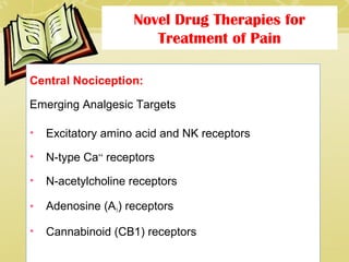 Novel Drug Therapies for
Treatment of Pain
Central Nociception:
Emerging Analgesic Targets
• Excitatory amino acid and NK receptors
• N-type Ca++
receptors
• N-acetylcholine receptors
• Adenosine (A1) receptors
• Cannabinoid (CB1) receptors
(Pappagallo M)
 