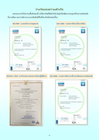 25
รางวัลแห่งความสาเร็จ
นอกจากการทากิจกรรมเพื่อสังคมแล้ว บริษัท ทรัพย์ทิพย์จากัด ยังมุ่งเน้นพัฒนามาตรฐานด้านความปลอดภัย
สิ่งแวดล้อม และการจัดการแรงงานสัมพันธ์เป็นที่ประจักษ์อย่างต่อเนื่อง
ISO 9001 ระบบบริหารงานคุณภาพ ISO 14001 ระบบการจัดการสิ่งแวดล้อม
ISO/IEC 17025 การรับรองความสามารถห้องปฏิบัติการ ISO 45001 ระบบการจัดการอาชีวอนามัยและความปลอดภัย
 