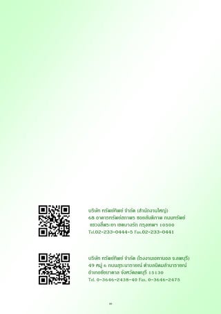 30
บริษัท ทรัพย์ทิพย์ จากัด (สานักงานใหญ่)
68 อาคารทรัพย์สถาพร ซอยสันติภาพ ถนนทรัพย์
แขวงสี่พระยา เขตบางรัก กรุงเทพฯ 10500
Tel.02-233-0444-5 Fax.02-233-0441
บริษัท ทรัพย์ทิพย์ จากัด (โรงงานเอทานอล จ.ลพบุรี)
49 หมู่ 6 ถนนสุระนารายณ์ ตาบลนิคมลานารายณ์
อาเภอชัยบาดาล จังหวัดลพบุรี 15130
Tel. 0-3646-2438-40 Fax. 0-3646-2475
 