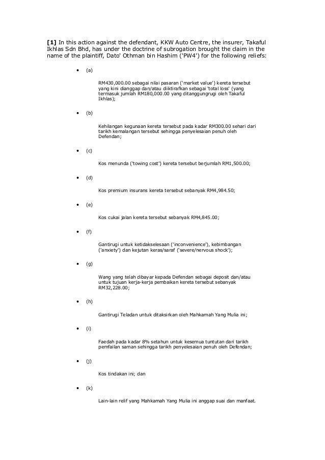 Subrogation othman bin hashim v kkw auto centre [2012] hc