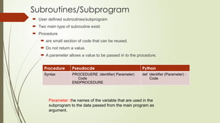 Subroutines igcses computer science powerpoint | PPTX