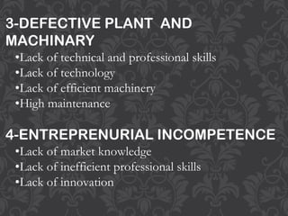 3-DEFECTIVE PLANT AND
MACHINARY
•Lack of technical and professional skills
•Lack of technology
•Lack of efficient machinery
•High maintenance
4-ENTREPRENURIAL INCOMPETENCE
•Lack of market knowledge
•Lack of inefficient professional skills
•Lack of innovation
 
