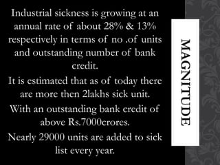 Industrial sickness is growing at an
annual rate of about 28% & 13%
respectively in terms of no .of units
and outstanding number of bank
credit.
It is estimated that as of today there
are more then 2lakhs sick unit.
With an outstanding bank credit of
above Rs.7000crores.
Nearly 29000 units are added to sick
list every year.
 