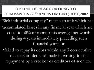 DEFINITION ACCORDING TO
COMPANIES (2ND
AMENDMENT) AVT,2002
“Sick industrial company” means an unit which has
•accumulated losses in any financial year which are
equal to 50% or more of its average net worth
during 4 years immediately preceding such
financial years; or
•failed to repay its debts within any 3 consecutive
quarters on demand made in writing for its
repayment by a creditor or creditors of such co.
 