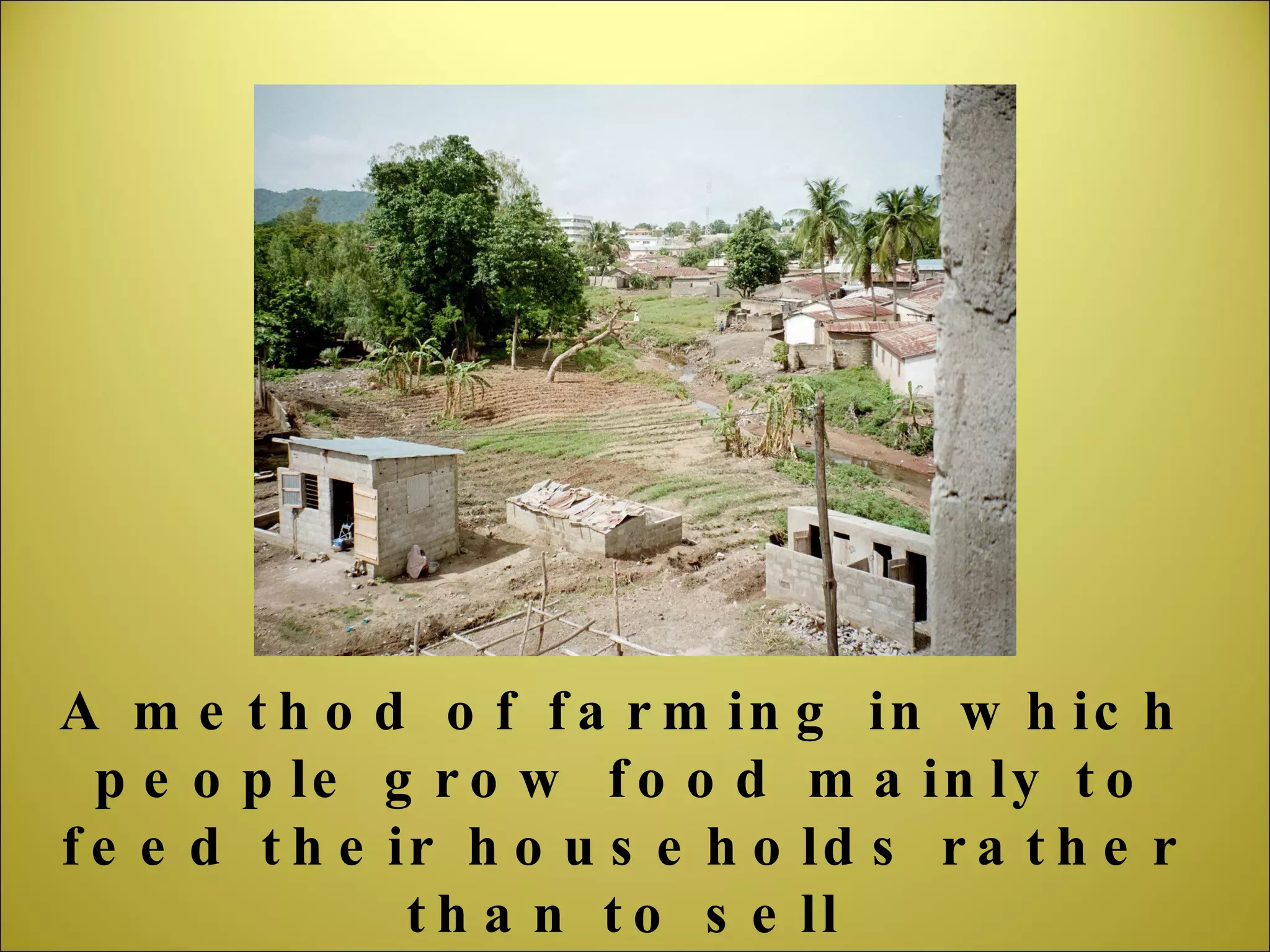 A method of farming in which people grow food mainly to feed their households rather than to sell 