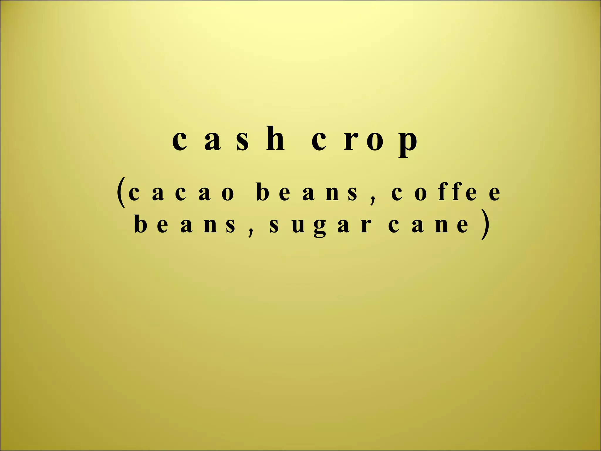 cash crop (cacao beans, coffee beans, sugar cane) 