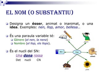 El nom (o substantiu)
 Designa un ésser, animat o inanimat, o una
idea. Exemples: nen, llop, amor, bellesa…
 És una paraula variable té:
 Gènere (el nen, la nena)
 Nombre (el llop, els llops).
 És el nucli del SN:
Una dona rossa
Det nucli CN
 