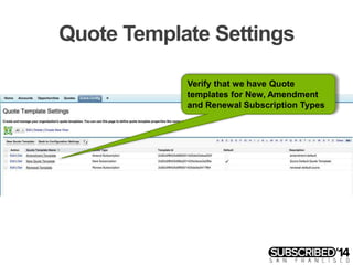 Quote Template Settings
Verify that we have Quote
templates for New, Amendment
and Renewal Subscription Types
 