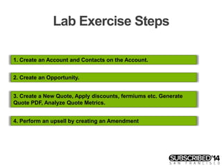 Lab Exercise Steps
1. Create an Account and Contacts on the Account.
2. Create an Opportunity.
3. Create a New Quote, Apply discounts, fermiums etc. Generate
Quote PDF, Analyze Quote Metrics.
4. Perform an upsell by creating an Amendment
 