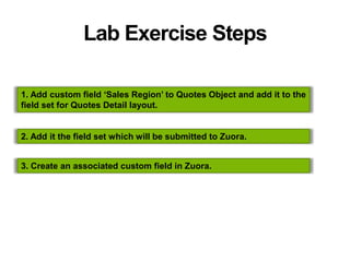 Lab Exercise Steps
1. Add custom field ‘Sales Region’ to Quotes Object and add it to the
field set for Quotes Detail layout.
2. Add it the field set which will be submitted to Zuora.
3. Create an associated custom field in Zuora.
 