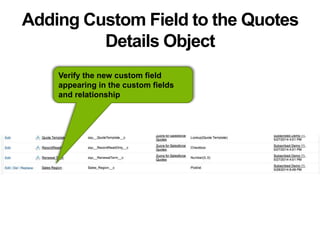 Adding Custom Field to the Quotes
Details Object
Verify the new custom field
appearing in the custom fields
and relationship
 