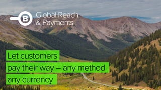 pay their way – any method
Global Reach
& Payments
Let customers
any currency
 
