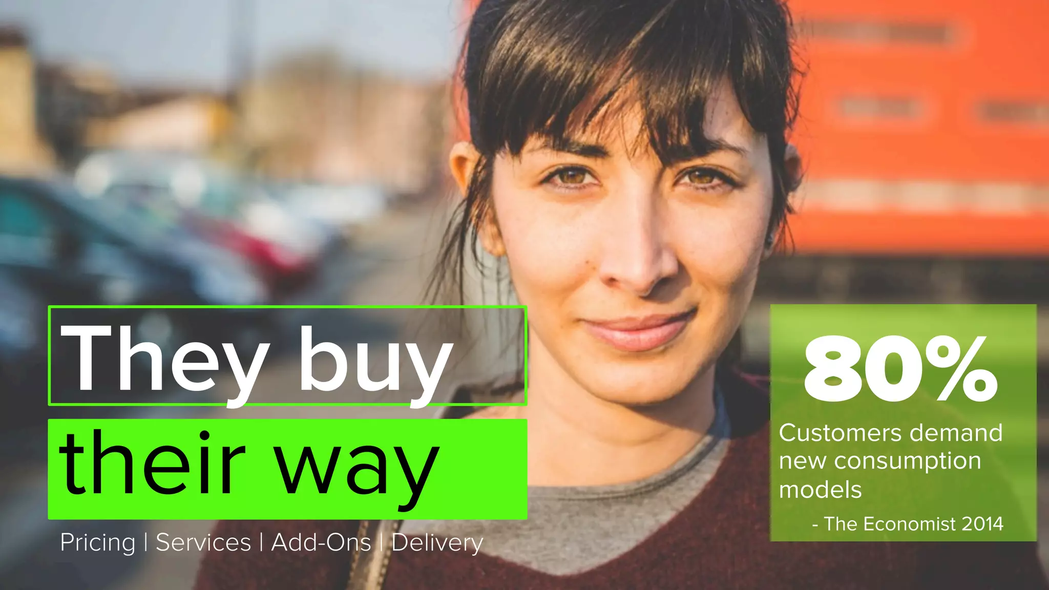 80%Customers demand
new consumption
models
They buy
their way - The Economist 2014
Pricing | Services | Add-Ons | Delivery
 