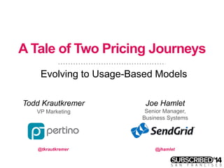 A Tale of Two Pricing Journeys
Evolving to Usage-Based Models
Todd Krautkremer
VP Marketing
Joe Hamlet
Senior Manager,
Business Systems
@tkrautkremer @jhamlet
 