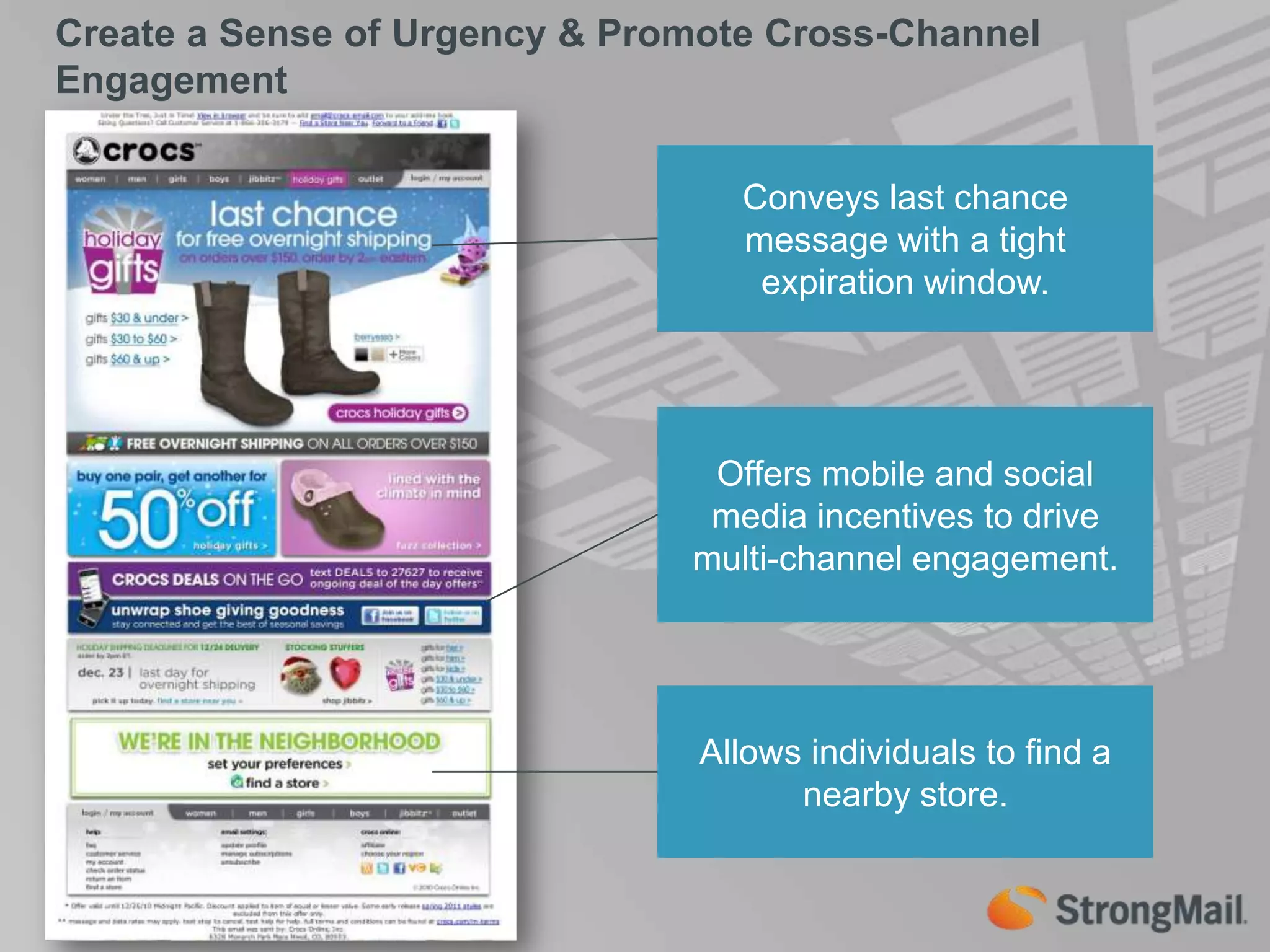 Create a Sense of Urgency & Promote Cross-Channel EngagementConveys last chance message with a tight expiration window.Offers mobile and social media incentives to drive multi-channel engagement.Allows individuals to find a nearby store.