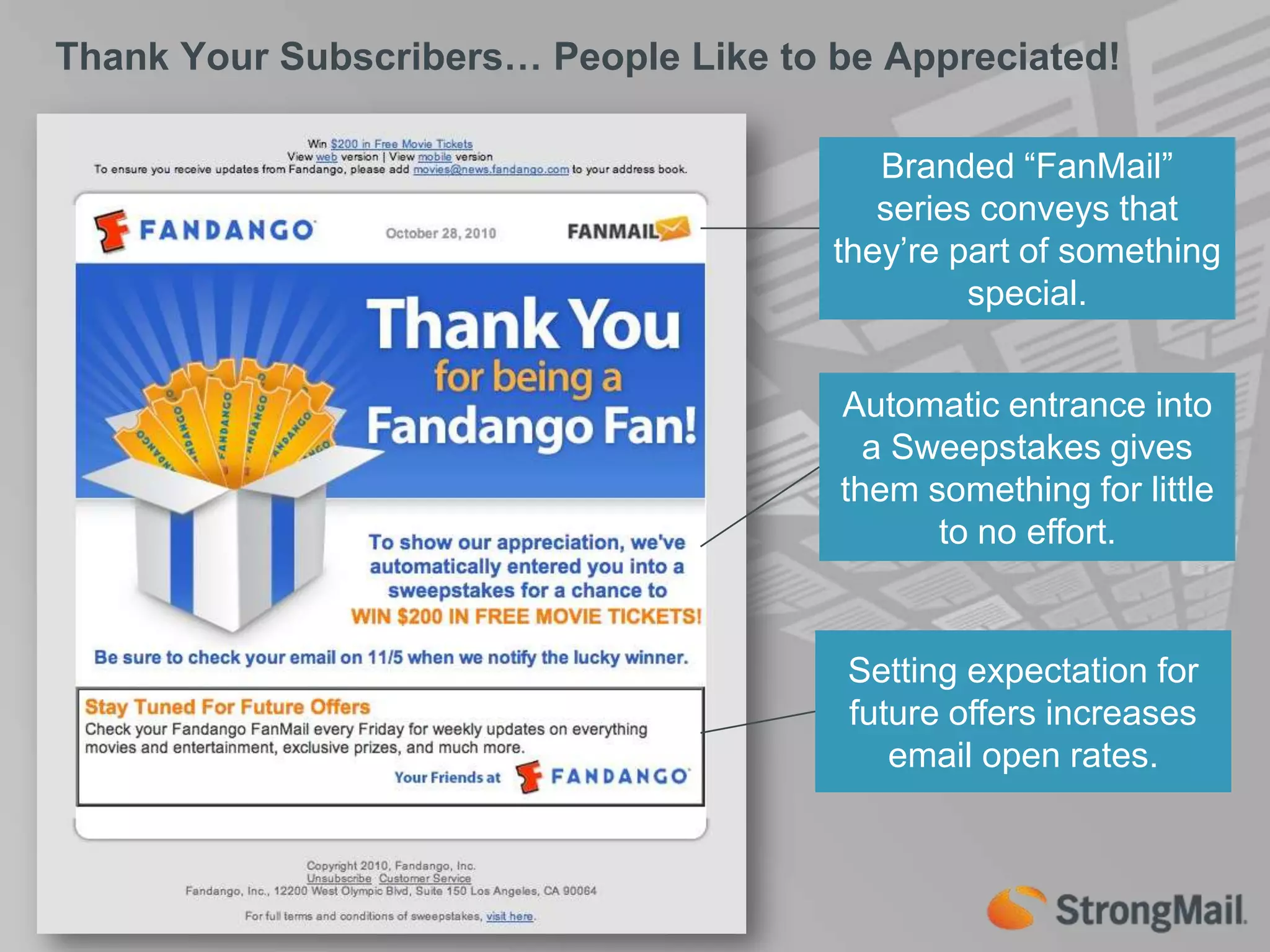Thank Your Subscribers… People Like to be Appreciated!Branded “FanMail” series conveys that they’re part of something special.Automatic entrance into a Sweepstakes gives them something for little to no effort.Setting expectation for future offers increases email open rates.