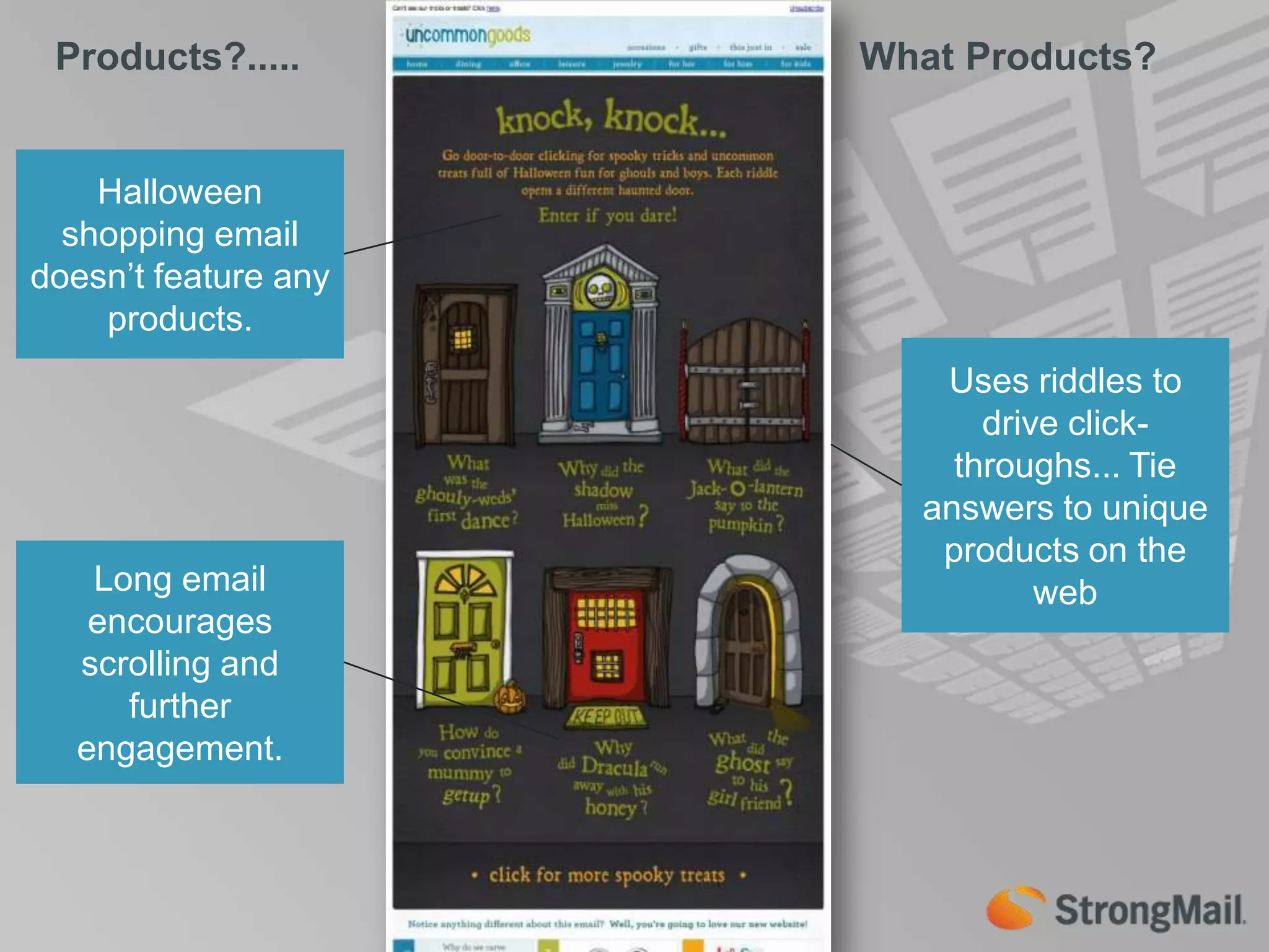 Products?.....	             			    What Products?Halloween shopping email doesn’t feature any products.Uses riddles to drive click-throughs... Tie answers to unique products on the webLong email encourages scrolling and further engagement.