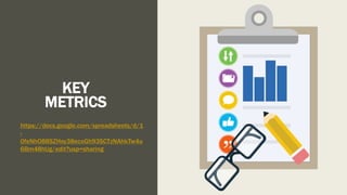 KEY
METRICS
https://docs.google.com/spreadsheets/d/1
-
0feNhO88SZHoy38ecoGh93SCTzNAhkTw4u
6Bm48hUg/edit?usp=sharing
 