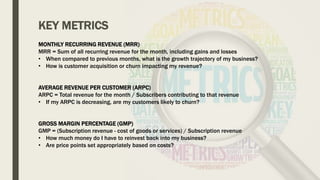 KEY METRICS
MONTHLY RECURRING REVENUE (MRR)
MRR = Sum of all recurring revenue for the month, including gains and losses
• When compared to previous months, what is the growth trajectory of my business?
• How is customer acquisition or churn impacting my revenue?
AVERAGE REVENUE PER CUSTOMER (ARPC)
ARPC = Total revenue for the month / Subscribers contributing to that revenue
• If my ARPC is decreasing, are my customers likely to churn?
GROSS MARGIN PERCENTAGE (GMP)
GMP = (Subscription revenue - cost of goods or services) / Subscription revenue
• How much money do I have to reinvest back into my business?
• Are price points set appropriately based on costs?
 