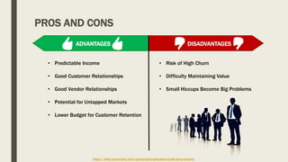 PROS AND CONS
https://www.moonclerk.com/subscription-business-model-pros-vs-cons/
• Risk of High Churn
• Difficulty Maintaining Value
• Small Hiccups Become Big Problems
• Predictable Income
• Good Customer Relationships
• Good Vendor Relationships
• Potential for Untapped Markets
• Lower Budget for Customer Retention
ADVANTAGES DISADVANTAGES
 