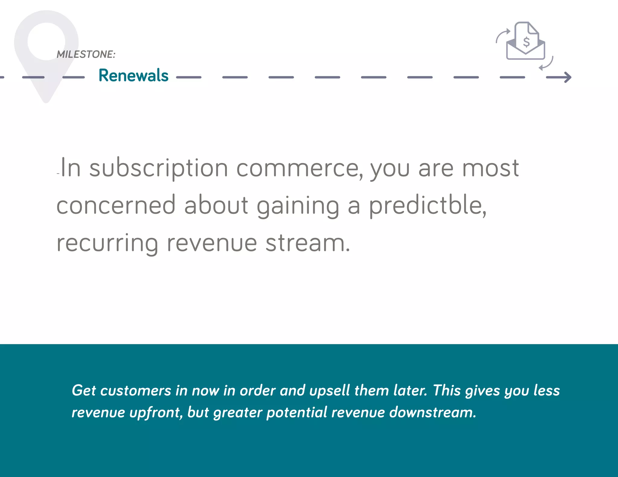 MILESTONE:
Renewals
-In subscription commerce, you are most
concerned about gaining a predictble,
recurring revenue stream.
Get customers in now in order and upsell them later. This gives you less
revenue upfront, but greater potential revenue downstream.
 