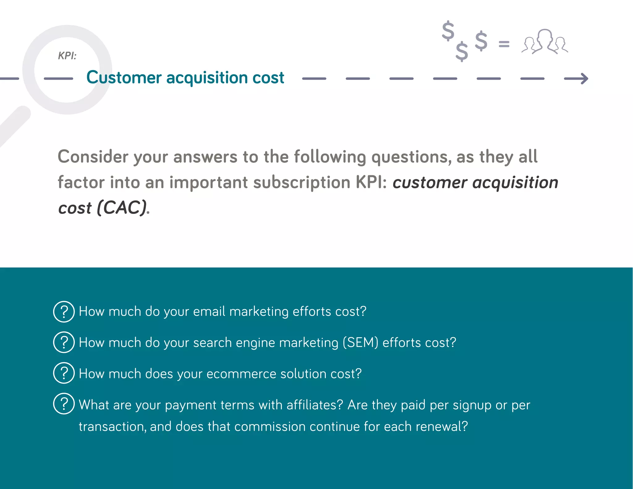 KPI:
Customer acquisition cost
Consider your answers to the following questions, as they all
factor into an important subscription KPI: customer acquisition
cost (CAC).
How much do your email marketing efforts cost?
How much do your search engine marketing (SEM) efforts cost?
How much does your ecommerce solution cost?
What are your payment terms with affiliates? Are they paid per signup or per
transaction, and does that commission continue for each renewal?




=
 