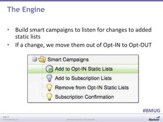 Page 13
© 2014 Marketo, Inc. Marketo Proprietary and Confidential
#BMUG
The Engine
• Build smart campaigns to listen for changes to added
static lists
• If a change, we move them out of Opt-IN to Opt-OUT
 