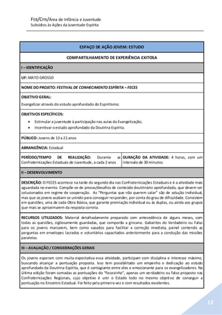 FEB/CFN/Área de Infância e Juventude
Subsídios às Ações da Juventude Espírita
12
ESPAÇO DE AÇÃO JOVEM: ESTUDO
COMPARTILHAMENTO DE EXPERIÊNCIA EXITOSA
I – IDENTIFICAÇÃO
UF: MATO GROSSO
NOME DO PROJETO: FESTIVAL DE CONHECIMENTO ESPÍRITA – FECES
OBJETIVO GERAL:
Evangelizar através do estudo aprofundado do Espiritismo.
OBJETIVOS ESPECÍFICOS:
 Estimular a juventude à participação nas aulas da Evangelização;
 Incentivar oestudo aprofundado da Doutrina Espírita.
PÚBLICO: Jovens de 13 a 21 anos
ABRANGÊNCIA: Estadual
PERÍODO/TEMPO DE REALIZAÇÃO: Durante as
Confraternizações Estaduais de Juventude, a cada 2 anos
DURAÇÃO DA ATIVIDADE: 4 horas, com um
intervalo de 30 minutos
II – DESENVOLVIMENTO
DESCRIÇÃO: O FECES acontece na tarde do segundo dia nas Confraternizações Estaduaise é a atividade mais
aguardada no evento. Compõe-se de provas/desafios de conteúdo doutrinário aprofundado, que devem ser
solucionados em regime de cooperação. As “Perguntas que não querem calar” são de solução individual,
mas que os jovens acabam se unindo para conseguir responder, por conta do grau de dificuldade. Consistem
em questões, uma de cada Obra Básica, que garante premiação individual ou às duplas, ou ainda aos grupos
que mais se aproximarem da resposta correta.
RECURSOS UTILIZADOS: Material detalhadamente preparado com antecedência de alguns meses, com
todas as questões, sigilosamente guardadas, que comporão a gincana. Gabaritos do Verdadeiro ou Falso
para os jovens marcarem, bem como vazados para facilitar a correção imediata, painel contendo as
perguntas em envelopes lacrados e voluntários capacitados anteriormente para a condução das missões
paralelas.
III – AVALIAÇÃO / CONSIDERAÇÕES GERAIS
Os jovens esperam com muita expectativa essa atividade, participam com disciplina e interesse máximo,
buscando alcançar a pontuação proposta. Isso tem possibilitado um empenho e dedicação ao estudo
aprofundado da Doutrina Espírita, que é contagiante entre eles e emocionante para os evangelizadores. Na
última edição foram somadas as pontuações do “Fecesinho”, apenas um verdadeiro ou falso proposto nas
Confraternizações Regionais, cujo objetivo é unir o Estado todo no mesmo objetivo de conseguir a
pontuação no Encontro Estadual. Foi feito pela primeira vez e com resultados excelentes.
 