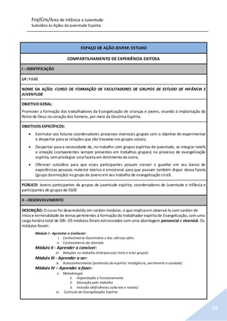 FEB/CFN/Área de Infância e Juventude
Subsídios às Ações da Juventude Espírita
16
ESPAÇO DE AÇÃO JOVEM: ESTUDO
COMPARTILHAMENTO DE EXPERIÊNCIA EXITOSA
I – IDENTIFICAÇÃO
UF: PARÁ
NOME DA AÇÃO: CURSO DE FORMAÇÃO DE FACILITADORES DE GRUPOS DE ESTUDO DE INFÂNCIA E
JUVENTUDE
OBJETIVO GERAL:
Promover a formação dos trabalhadores da Evangelização de crianças e jovens, visando à implantação do
Reino de Deus no coração dos homens, por meio da Doutrina Espírita.
OBJETIVOS ESPECÍFICOS:
 Estimular aos futuros coordenadores processos vivenciais grupais com o objetivo de experimentar
e despertar para as relações que são travadas nos grupos sociais;
 Despertar para a necessidade de, no trabalho com grupos espíritas de juventude, se integrar tarefa
e emoção (componentes sempre presentes em trabalhos grupais) no processo de evangelização
espírita, sem privilegiar umafaceta em detrimento da outra;
 Oferecer subsídios para que esses participantes possam crescer e guardar em seu banco de
experiências pessoais material teórico e emocional para que possam também dispor dessa faceta
(grupo daemoção) no grupo de jovensem seu trabalho de evangelização cristã.
PÚBLICO: Jovens participantes de grupos de juventude espírita; coordenadores de Juventude e Infância e
participantes de grupos de ESDE
II – DESENVOLVIMENTO
DESCRIÇÃO: O curso foi desenvolvido em caráter modular, o que implicaem observá-lo com caráter de
inícioe terminalidade de temas pertinentes à formação do trabalhador espírita de Evangelização, com uma
carga horária total de 50h. OS módulos foram estruturados com uma abordagem presencial e vivencial. Os
módulos foram:
Módulo I - Aprender a Conhecer:
i. Conhecimento Doutrinário e das ciências afins
ii. Conhecimento da clientela
Módulo II - Aprender a conviver:
iii. Relações no trabalho (interpessoal; intra e inter grupal)
Módulo III - Aprender a ser:
iv. Autoconhecimento (potências do espírito: inteligência, sentimento e vontade)
Módulo IV – Aprender a fazer:
v. Metodologia
1. Organização e Funcionamento
2. Educação pelo trabalho
3. Inclusão (deficiências culturais e sociais)
vi. Currículo da Evangelização Espírita
 
