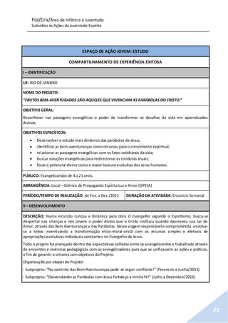 FEB/CFN/Área de Infância e Juventude
Subsídios às Ações da Juventude Espírita
22
ESPAÇO DE AÇÃO JOVEM: ESTUDO
COMPARTILHAMENTO DE EXPERIÊNCIA EXITOSA
I – IDENTIFICAÇÃO
UF: RIO DE JANEIRO
NOME DO PROJETO:
“FRUTOS BEM-AVENTURADOS SÃO AQUELES QUE VIVENCIAM AS PARÁBOLAS DO CRISTO.”
OBJETIVO GERAL:
Reconhecer nas passagens evangélicas o poder de transformar os desafios da vida em aprendizados
divinos.
OBJETIVOS ESPECÍFICOS:
 Desenvolver o estudo mais dinâmico das parábolas de Jesus;
 identificar as bem-aventuranças como recursos para o crescimento espiritual;
 relacionar as passagens evangélicas com os fatos cotidianos da vida;
 buscar soluções evangélicas para redirecionar as condutas atuais;
 focar o potencial divino como o maior tesouroevolutivo dos seres humanos.
PÚBLICO: Evangelizandos de 4 a 21 anos.
ABRANGÊNCIA: Local – Grêmio de Propaganda Espírita Luz e Amor (GPELA)
PERÍODO/TEMPO DE REALIZAÇÃO: de Fev. a Dez./2013 DURAÇÃO DA ATIVIDADE: Encontro Semanal
II – DESENVOLVIMENTO
DESCRIÇÃO: Numa incursão curiosa e dinâmica pela obra O Evangelho segundo o Espiritismo, busca-se
despertar nas crianças e nos jovens o poder divino que o Cristo instituiu quando descreveu sua Lei de
Amor, através das Bem Aventuranças e das Parábolas. Nessa viagem responsável e comprometida,envolve-
se a todos incentivando a transformação ético-moral-cristã com os recursos simples e efetivos de
apropriaçõesevolutivasindividuais constantes no Evangelho de Jesus.
Todo o projeto foi planejado dentro das expectativas colhidas entre os evangelizandos e trabalhado através
de encontros e vivências pedagógicas com os evangelizadores para que se unificassem as ações e práticas,
a fim de garantir a sintonia com objetivos do Projeto.
Organização por etapas do Projeto:
- Subprojeto: “No caminho das Bem-Aventuranças pode-se seguir confiante!” (Fevereiro a Junho/2013)
- Subprojeto: “Desvendando as Parábolas com Jesus fortaleço a minhafé!” (Julho a Dezembro/2013)
 