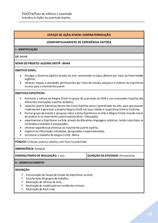 FEB/CFN/Área de Infância e Juventude
Subsídios às Ações da Juventude Espírita
28
ESPAÇO DE AÇÃO JOVEM: CONFRATERNIZAÇÃO
COMPARTILHAMENTO DE EXPERIÊNCIA EXITOSA
I – IDENTIFICAÇÃO
UF: BAHIA
NOME DO PROJETO: ALEGRIA CRISTÃ - BAHIA
OBJETIVO GERAL:
 Divulgar a Doutrina Espírita através da arte, estreitando os laços afetivos por meio da fraternidade
legÍtima;
 oferecer espaço e atividades permanentes por meio do estudo, pesquisa e vivência do Espiritismo
na arte para o movimento juvenil.
OBJETIVOS ESPECÍFICOS:
 Estimular a cultura da Alegria Cristã no grupo de juventude da FEEB e nas Juventudes Espíritas das
diferentes instituições espíritas da Bahia;
 capacitar jovens lideranças dentro das Casas Espíritas para o aprendizado da arte, para que possam
implementar e gerenciar o projetoAlegria Cristã nas suas cidadese respectivos Centros Espíritas;
 formar grupo de estudo e pesquisa sobre o tema Espiritismo na Arte e Alegria Cristã, visando meios
de praticá-lo no movimento juvenil espírita (Arte + Educação);
 experimentar o Espiritismo na Arte através de diferentes linguagens artísticas, tendo como base os
conteúdosestudados e pesquisados;
 oferecer experiências artísticas ao movimento juvenil espírita;
 registrar as informações estudadas, pesquisadas e experimentadas;
 estruturar o trabalho do Alegria Cristã - Bahia.
PÚBLICO: Crianças, jovens e adultos, com foco na juventude.
ABRANGÊNCIA: Estadual
PERÍODO/TEMPO DE REALIZAÇÃO: 1 ano DURAÇÃO DA ATIVIDADE: Permanente
II – DESENVOLVIMENTO
DESCRIÇÃO:
 Estruturação de Grupo de Estudo do Espiritismo na Arte;
 Estruturação de grupos de trabalho;
 Realização de oficinas de Arte;
 Realização de mobilizaçãoem ambientes virtuais;
 Realização de flash mob.
 