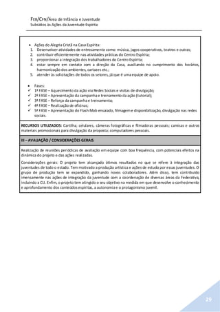 FEB/CFN/Área de Infância e Juventude
Subsídios às Ações da Juventude Espírita
29
 Ações do Alegria Cristã na Casa Espírita:
1. Desenvolver atividades de entrosamento como: música, jogos cooperativos, teatros e outras;
2. contribuir eficientemente nas atividades práticas do Centro Espírita;
3. proporcionar a integração dos trabalhadores do Centro Espírita;
4. estar sempre em contato com a direção da Casa, auxiliando no cumprimento dos horários,
harmonização dos ambientes, cartazes etc.;
5. atender às solicitações de todos os setores, já que é umaequipe de apoio.
 Fases:
 1ª FASE – Aquecimento da ação via Redes Sociais e visitas de divulgação;
 2ª FASE – Apresentação da campanhae treinamento da ação (tutorial);
 3ª FASE – Reforço da campanhae treinamento;
 4ª FASE – Realização de oficinas;
 5ª FASE – Apresentação do Flash Mob ensaiado,filmageme disponibilização, divulgação nas redes
sociais.
RECURSOS UTILIZADOS: Cartilha; celulares, câmeras fotográficas e filmadoras pessoais; camisas e outros
materiais promocionais para divulgação da proposta; computadores pessoais.
III – AVALIAÇÃO / CONSIDERAÇÕES GERAIS
Realização de reuniões periódicas de avaliação em equipe com boa frequência, com potenciais efeitos na
dinâmica do projeto e das ações realizadas.
Considerações gerais: O projeto tem alcançado ótimos resultados no que se refere à integração das
juventudes de todo o estado. Tem motivado a produção artística e ações de estudo por essas juventudes.O
grupo de produção tem se expandido, ganhando novos colaboradores. Além disso, tem contribuído
imensamente nas ações de integração da juventude com a coordenação de diversas áreas da Federativa,
incluindo a CIJ. Enfim, o projeto tem atingido o seu objetivo na medida em que desenvolve o conhecimento
e aprofundamento dos conteúdosespíritas, a autonomiae o protagonismo juvenil.
 