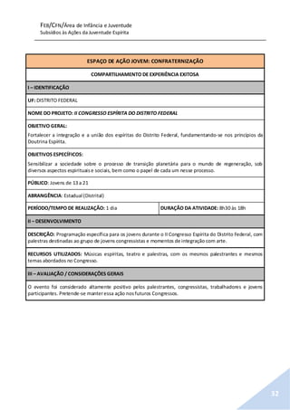 FEB/CFN/Área de Infância e Juventude
Subsídios às Ações da Juventude Espírita
32
ESPAÇO DE AÇÃO JOVEM: CONFRATERNIZAÇÃO
COMPARTILHAMENTO DE EXPERIÊNCIA EXITOSA
I – IDENTIFICAÇÃO
UF: DISTRITO FEDERAL
NOME DO PROJETO: II CONGRESSO ESPÍRITA DO DISTRITO FEDERAL
OBJETIVO GERAL:
Fortalecer a integração e a união dos espíritas do Distrito Federal, fundamentando-se nos princípios da
Doutrina Espírita.
OBJETIVOS ESPECÍFICOS:
Sensibilizar a sociedade sobre o processo de transição planetária para o mundo de regeneração, sob
diversos aspectos espirituaise sociais, bem como o papel de cada um nesse processo.
PÚBLICO: Jovens de 13 a 21
ABRANGÊNCIA: Estadual (Distrital)
PERÍODO/TEMPO DE REALIZAÇÃO: 1 dia DURAÇÃO DA ATIVIDADE: 8h30 às 18h
II – DESENVOLVIMENTO
DESCRIÇÃO: Programação específica para os jovens durante o II Congresso Espírita do Distrito Federal, com
palestras destinadas ao grupo de jovens congressistas e momentos de integração com arte.
RECURSOS UTILIZADOS: Músicas espíritas, teatro e palestras, com os mesmos palestrantes e mesmos
temas abordados no Congresso.
III – AVALIAÇÃO / CONSIDERAÇÕES GERAIS
O evento foi considerado altamente positivo pelos palestrantes, congressistas, trabalhadores e jovens
participantes. Pretende-se manteressa ação nosfuturos Congressos.
 