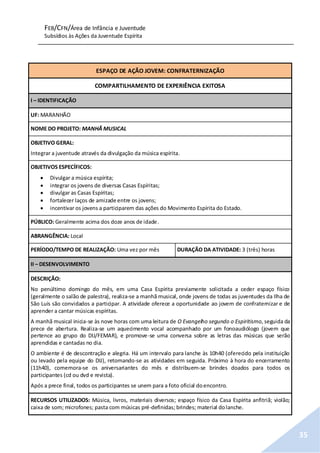 FEB/CFN/Área de Infância e Juventude
Subsídios às Ações da Juventude Espírita
35
ESPAÇO DE AÇÃO JOVEM: CONFRATERNIZAÇÃO
COMPARTILHAMENTO DE EXPERIÊNCIA EXITOSA
I – IDENTIFICAÇÃO
UF: MARANHÃO
NOME DO PROJETO: MANHÃ MUSICAL
OBJETIVO GERAL:
Integrar a juventude através da divulgação da música espírita.
OBJETIVOS ESPECÍFICOS:
 Divulgar a música espírita;
 integrar os jovens de diversas Casas Espíritas;
 divulgar as Casas Espíritas;
 fortalecer laços de amizade entre os jovens;
 incentivar os jovens a participarem das ações do Movimento Espírita do Estado.
PÚBLICO: Geralmente acima dos doze anos de idade.
ABRANGÊNCIA: Local
PERÍODO/TEMPO DE REALIZAÇÃO: Uma vez por mês DURAÇÃO DA ATIVIDADE: 3 (três) horas
II – DESENVOLVIMENTO
DESCRIÇÃO:
No penúltimo domingo do mês, em uma Casa Espírita previamente solicitada a ceder espaço físico
(geralmente o salão de palestra), realiza-se a manhã musical, onde jovens de todas as juventudes da Ilha de
São Luís são convidados a participar. A atividade oferece a oportunidade ao jovem de confraternizar e de
aprender a cantar músicas espíritas.
A manhã musical inicia-se às nove horas com uma leitura de O Evangelho segundo o Espiritismo, seguida da
prece de abertura. Realiza-se um aquecimento vocal acompanhado por um fonoaudiólogo (jovem que
pertence ao grupo do DIJ/FEMAR), e promove-se uma conversa sobre as letras das músicas que serão
aprendidas e cantadas no dia.
O ambiente é de descontração e alegria. Há um intervalo para lanche às 10h40 (oferecido pela instituição
ou levado pela equipe do DIJ), retomando-se as atividades em seguida. Próximo à hora do encerramento
(11h40), comemora-se os aniversariantes do mês e distribuem-se brindes doados para todos os
participantes (cd ou dvd e revista).
Após a prece final, todos os participantes se unem para a foto oficial doencontro.
RECURSOS UTILIZADOS: Música, livros, materiais diversos; espaço físico da Casa Espírita anfitriã; violão;
caixa de som; microfones; pasta com músicas pré-definidas; brindes; material dolanche.
 