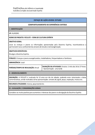 FEB/CFN/Área de Infância e Juventude
Subsídios às Ações da Juventude Espírita
4
ESPAÇO DE AÇÃO JOVEM: ESTUDO
COMPARTILHAMENTO DE EXPERIÊNCIA EXITOSA
I – IDENTIFICAÇÃO
UF: ALAGOAS
NOME DO PROJETO: FECULTE – FEIRA DE CULTURA ESPÍRITA
OBJETIVO GERAL:
Levar às crianças e jovens as informações apresentadas pela Doutrina Espírita, incentivando-os a
aprimorarem seus conhecimentos através do Estudoe da Evangelização.
OBJETIVOS ESPECÍFICOS:
Divulgar a Doutrina Espírita.
PÚBLICO: Criançase jovens evangelizandos, trabalhadores, frequentadores e familiares
ABRANGÊNCIA: Local
PERÍODO/TEMPO DE REALIZAÇÃO: Anual
DURAÇÃO DA ATIVIDADE: Ensaios: 1 mês das 14 às 17 horas
– Apresentação: uma tarde
II – DESENVOLVIMENTO
DESCRIÇÃO: A FECULTE é realizada há 13 anos em dia de sábado, podendo estar relacionada a datas
comemorativas, sendo realizadas várias apresentações através de jogral, peças, exposição, música etc.
RECURSOS UTILIZADOS: música, peça teatral etc.
III – AVALIAÇÃO / CONSIDERAÇÕES GERAIS
Considera-se muito positivo para aumentar o interesse dos jovens na divulgação da Doutrina Espírita.
 