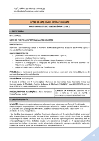FEB/CFN/Área de Infância e Juventude
Subsídios às Ações da Juventude Espírita
47
ESPAÇO DE AÇÃO JOVEM: CONFRATERNIZAÇÃO
COMPARTILHAMENTO DE EXPERIÊNCIA EXITOSA
I – IDENTIFICAÇÃO
UF: SÃO PAULO
NOME DO PROJETO: CONFRATERNIZAÇÃO DE MOCIDADE
OBJETIVO GERAL:
Promover a confraternização entre os membros de Mocidade por meio de estudo da Doutrina Espírita e
vivencia do Movimento Espírita.
OBJETIVOS ESPECÍFICOS:
 promover a confraternização dos membros das Mocidades Espíritas;
 promover o estudo da Doutrina Espírita;
 favorecer a vivência dos princípiosespíritas e a busca do autoconhecimento;
 incentivar a participação e a integração dos jovens nos trabalhos de Mocidade Espírita e do
Movimento Juvenil de Unificação;
 preparar o jovem para o trabalho nas Casas Espíritas.
PÚBLICO: Jovens membros de Mocidades (entende-se membro, o jovem com pelo menos 01 (um) ano de
participação ativa na Mocidade Espírita)
ABRANGÊNCIA: Macro-regional
O Estado é dividido em 4 macro-regiões, chamadas de Assessorias. Cada Assessoria realiza sua
Confraternização de Mocidades Espíritas do Estado de São Paulo (COMELESP, leste; COMECELESP, centro-
leste; COMENESP, norte; COMENOESP, noroeste).
PERÍODO/TEMPO DE REALIZAÇÃO: 3 a 4 dias (Feriado de
Páscoa/Semana Santa)
DURAÇÃO DA ATIVIDADE: abertura na 5ª
feira a noite ou 6ª feira de manhã, e
encerramento no domingo após almoço.
II – DESENVOLVIMENTO
DESCRIÇÃO: Durante o evento os jovens estudam um temae subtemas específicos. Os Temários são
elaborados pelos próprios jovens e encaminhados para a Comissão Estadual, que após avaliar, disponibiliza
os aprovados para apreciação das Mocidades. CadaAssessoriaescolhe seu tema e desenvolve suas
atividades de forma independente.
- São divididas duas equipes de trabalhos: Doutrinária e Executiva: a) A equipe Doutrinária é responsável
pelo desenvolvimento do estudo, preparação dos monitores e parte artística com base no temário
escolhido para o evento. São feitas de 6 a 10 reuniões de estudo e preparação antes do evento, além de
uma especifica para vivência de todo o estudo e uma posterior de avaliação; b) - A equipe Executiva fica
responsável por toda a estrutura do evento: alimentação, alojamento, segurança, dormitório, banho etc.
Essa equipe reúne-se quase que semanalmente ou mensalmente entre si.
 