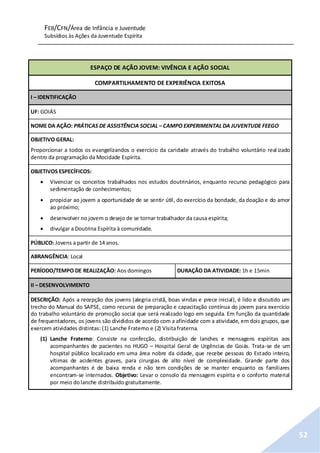 FEB/CFN/Área de Infância e Juventude
Subsídios às Ações da Juventude Espírita
52
ESPAÇO DE AÇÃO JOVEM: VIVÊNCIA E AÇÃO SOCIAL
COMPARTILHAMENTO DE EXPERIÊNCIA EXITOSA
I – IDENTIFICAÇÃO
UF: GOIÁS
NOME DA AÇÃO: PRÁTICAS DE ASSISTÊNCIA SOCIAL – CAMPO EXPERIMENTAL DA JUVENTUDE FEEGO
OBJETIVO GERAL:
Proporcionar a todos os evangelizandos o exercício da caridade através do trabalho voluntário real izado
dentro da programação da Mocidade Espírita.
OBJETIVOS ESPECÍFICOS:
 Vivenciar os conceitos trabalhados nos estudos doutrinários, enquanto recurso pedagógico para
sedimentação de conhecimentos;
 propiciar ao jovem a oportunidade de se sentir útil, do exercício da bondade, da doação e do amor
ao próximo;
 desenvolver no jovem o desejo de se tornar trabalhador da causa espírita;
 divulgar a Doutrina Espírita à comunidade.
PÚBLICO: Jovens a partir de 14 anos.
ABRANGÊNCIA: Local
PERÍODO/TEMPO DE REALIZAÇÃO: Aos domingos DURAÇÃO DA ATIVIDADE: 1h e 15min
II – DESENVOLVIMENTO
DESCRIÇÃO: Após a recepção dos jovens (alegria cristã, boas vindas e prece inicial), é lido e discutido um
trecho do Manual do SAPSE, como recurso de preparação e capacitação contínua do jovem para exercício
do trabalho voluntário de promoção social que será realizado logo em seguida. Em função da quantidade
de frequentadores, os jovens são divididos de acordo com a afinidade com a atividade, em dois grupos, que
exercem atividades distintas: (1) Lanche Fraterno e (2) Visitafraterna.
(1) Lanche Fraterno: Consiste na confecção, distribuição de lanches e mensagens espíritas aos
acompanhantes de pacientes no HUGO – Hospital Geral de Urgências de Goiás. Trata-se de um
hospital público localizado em uma área nobre da cidade, que recebe pessoas do Estado inteiro,
vítimas de acidentes graves, para cirurgias de alto nível de complexidade. Grande parte dos
acompanhantes é de baixa renda e não tem condições de se manter enquanto os familiares
encontram-se internados. Objetivo: Levar o consolo da mensagem espírita e o conforto material
por meio dolanche distribuído gratuitamente.
 